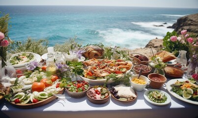  a table full of food with a view of the ocean in the background and flowers in the foreground, with a blue sky in the background.  generative ai