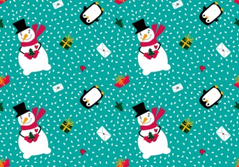 Christmas snowman seamless penguin and gifts box and letters pattern for wrapping paper and linens and fabrics