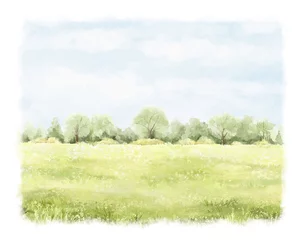 Rollo Watercolor vintage summer  composition with green landscape with trees and grass with vegetation isolated on white background. Hand drawn illustration sketch © Mimomy