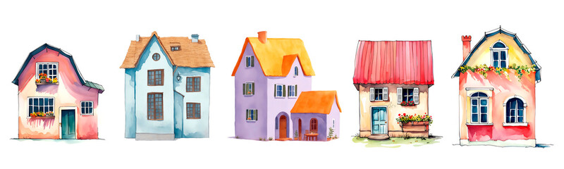 Simple houses, children's illustration in watercolor