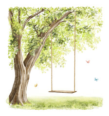 Watercolor vintage summer  composition with green landscape with tree, rope swing and grass with vegetation isolated on white background. Hand drawn illustration sketch - obrazy, fototapety, plakaty