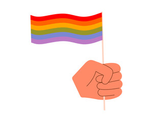 Hand holding lgbtq+ flag vector flat illustration. Lgbtq community, pride month.