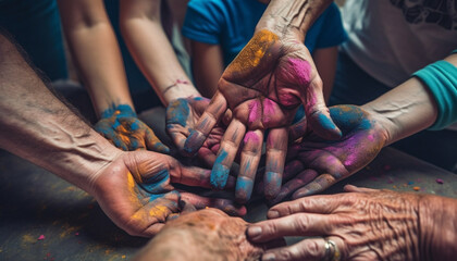 Hands holding wet paint, creating colorful pottery generated by AI - obrazy, fototapety, plakaty