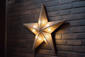 Decorative wooden star with lamps on a background of wall. Modern grungy interior. AI