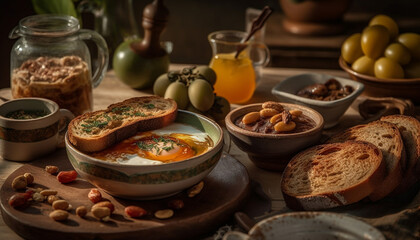 Fototapeta premium Rustic table, homemade bread, organic fruit bowl generated by AI