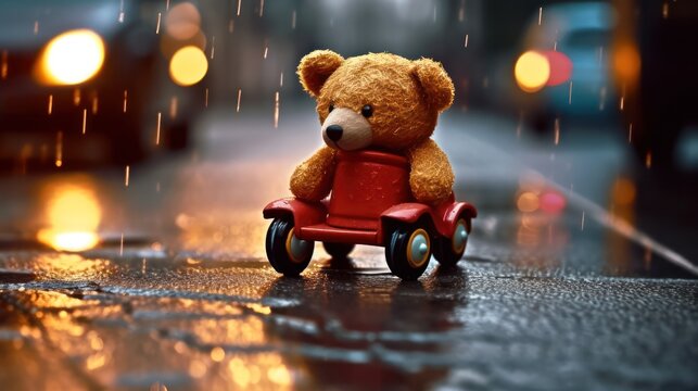 a small plush bear on a wet slippery road after rain against the background of car headlights. danger on the road.car accident. life and health insurance concept. Generative AI