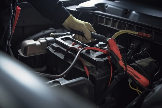 Mechanic hand charging battery car with electricity through jumper cables. AI