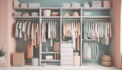 Fashionable clothing collection arranged on modern shelves generated by AI