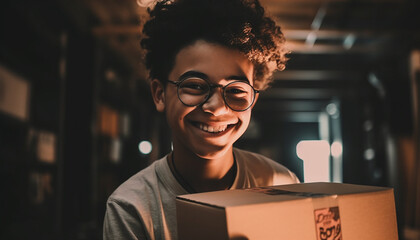 Fototapeta premium Young adults smiling, holding package, enjoying technology generated by AI