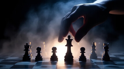 A chess piece in a hand checks and checkmates an opponent in a logic game. Created with AI