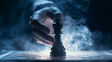 A chess piece in a hand checks and checkmates an opponent in a logic game. Created with AI - obrazy, fototapety, plakaty