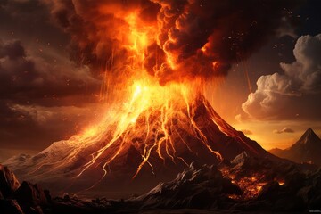 there was a powerful volcanic eruption at night with the release of ash and lava. Generative AI