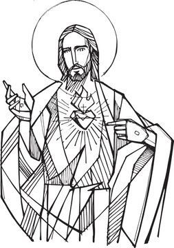 Hand drawn illustration of sacred heart in Jesus.