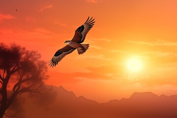 One flying falcon in the nature background in the sunset time, digital art. AI