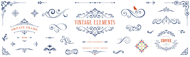 Ornate vintage frames and scroll elements. Classic calligraphy swirls, swashes, floral motifs. Good for greeting cards, wedding invitations, restaurant menu, royal certificates and graphic design. - 606184409