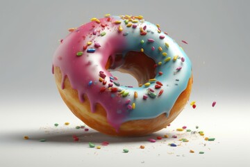 Fototapeta na wymiar Colorful donut flying and dropping onto a white glossy background. Generative Ai