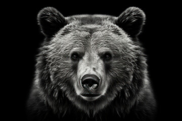 Front view of brown bear isolated on black background. Black and white portrait of Kamchatka bear. Predator series. AI