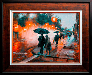 Street and people under umbrellas in the rain. Oil painting on canvas.