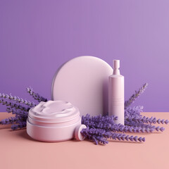 Obraz na płótnie Canvas Skin care product presentation illustration, bottles with no lable pastel violet background Generative AI