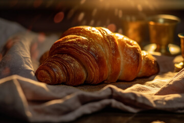 Close up of traditional french croissants for breakfast. Morning warm light background. AI Generative