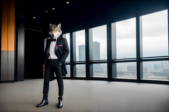 A wolf dressed in a business suit on a man's body indoors. Concept of successful confident businessman. Generative AI.