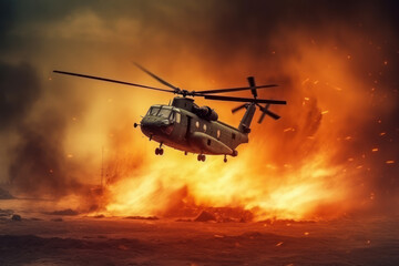Naklejka na ściany i meble Air Crash. Burning falling helicopter. War concept. Military scene of flying helicopter fire background effect. AI