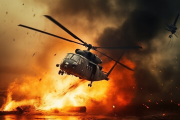 Fototapeta na wymiar Air Crash. Burning falling helicopter. War concept. Military scene of flying helicopter fire background effect. AI