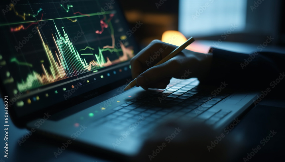 Poster businessman analyzing data on computer for success generated by ai