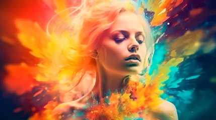 beautiful fantasy abstract portrait of a beautiful woman double exposure with a colorful digital paint splash or space nebula. Generative AI © Fantastic