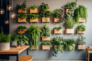 Fototapeta na wymiar Vertical gardening in the apartment. Scandinavian interior style. Generative AI