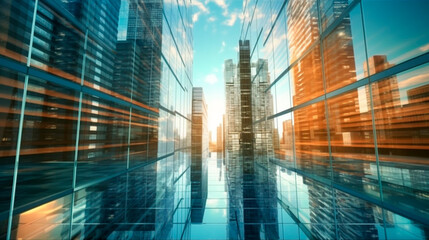 Background of future urban and corporate architecture. Real estate idea with bokeh, motion blur, and a reflection in a glass panel of a skyscraper facade. Generative AI