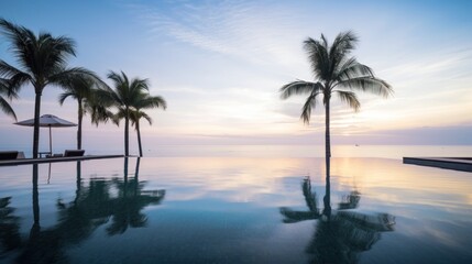Naklejka na ściany i meble A pool with palm trees in the water. AI generative image.
