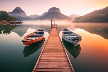 boats on a pier during sunset on the lake