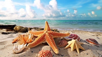 Fototapeta na wymiar Concept of summertime on tropical beach. Seaside summer beach with starfish, shells, coral on sandbar and blur sea background. vintage color tone.