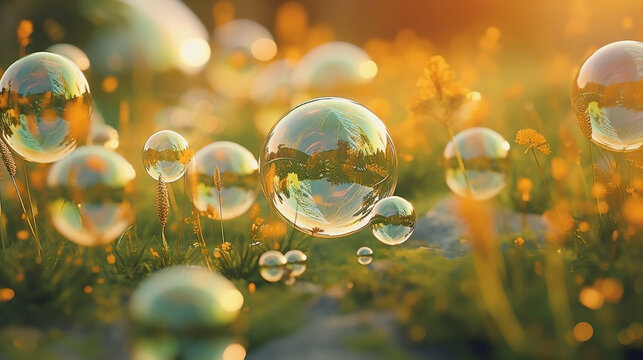 Soap bubbles flying in grass, illuminated by sun, iridescent reflections. Generative AI colorful background
