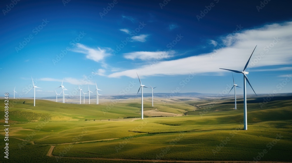 Poster a group of wind turbines in a green field. ai generative image.