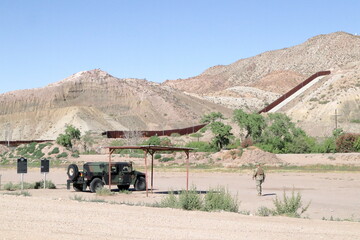 El Paso, Texas, USA, May 23, 2023: US Army humvees protecting the US-Mexico border.