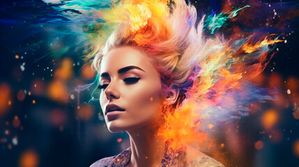 beautiful fantasy abstract portrait of a beautiful woman double exposure with a colorful digital paint splash or space nebula. Generative AI © Aram