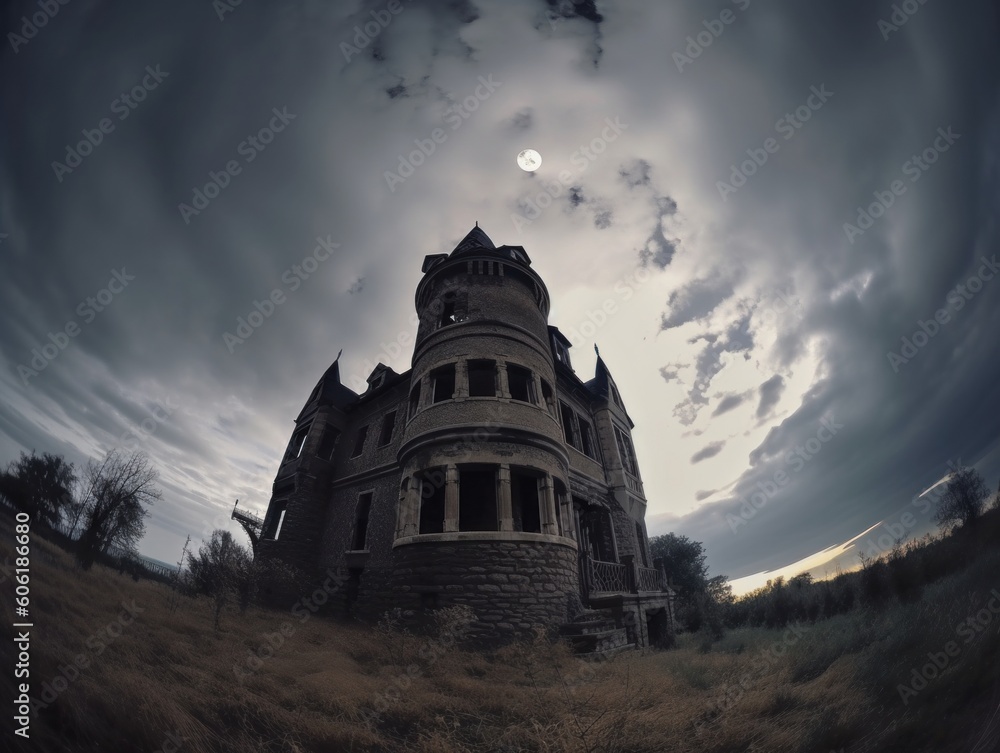 Poster a creepy looking building with a full moon in the sky. ai generative image.
