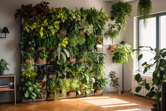 Vertical gardening in the apartment. Scandinavian interior style.  Generative AI