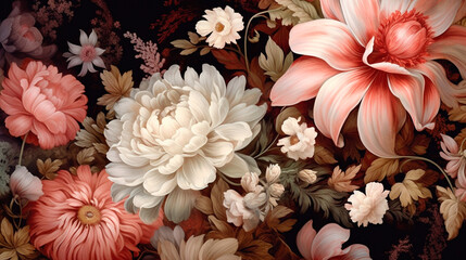 beautiful fantasy vintage wallpaper botanical flower bunch,vintage motif for floral print digital background. Generative AI