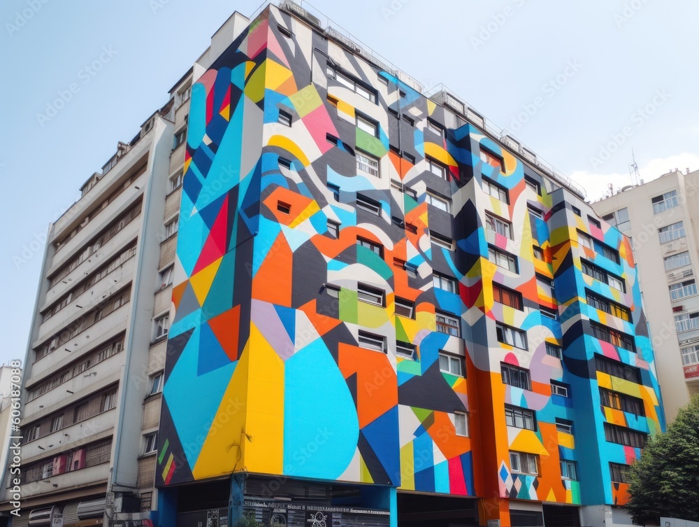 Poster a multicolored building with a lot of windows. ai generative image.