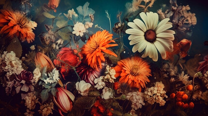 Fototapeta na wymiar beautiful fantasy vintage wallpaper botanical flower bunch,vintage motif for floral print digital background. Generative AI