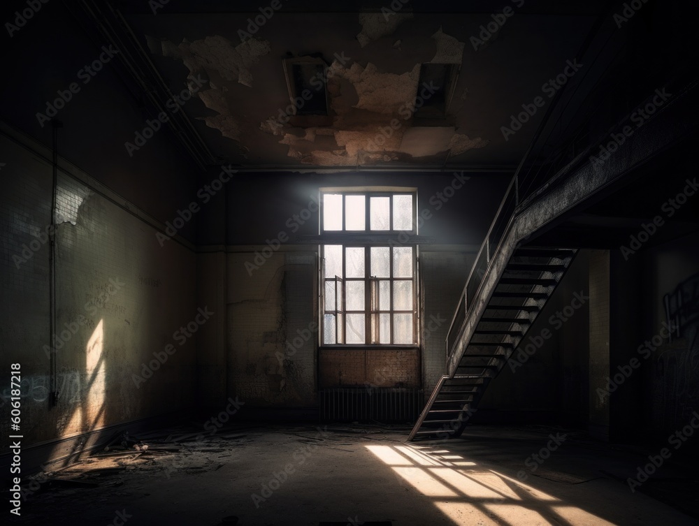 Poster a dark room with a staircase and a window. ai generative image.
