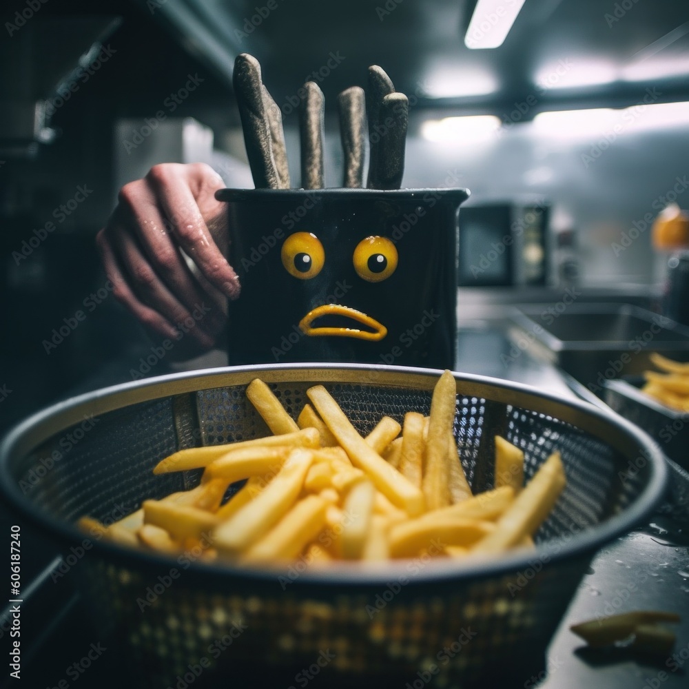 Wall mural A basket of french fries with a sad face on it. AI generative image.