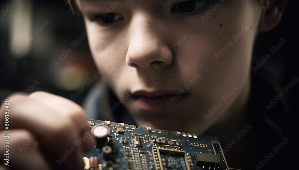 Poster caucasian engineer repairing computer chip with selective focus generated by ai
