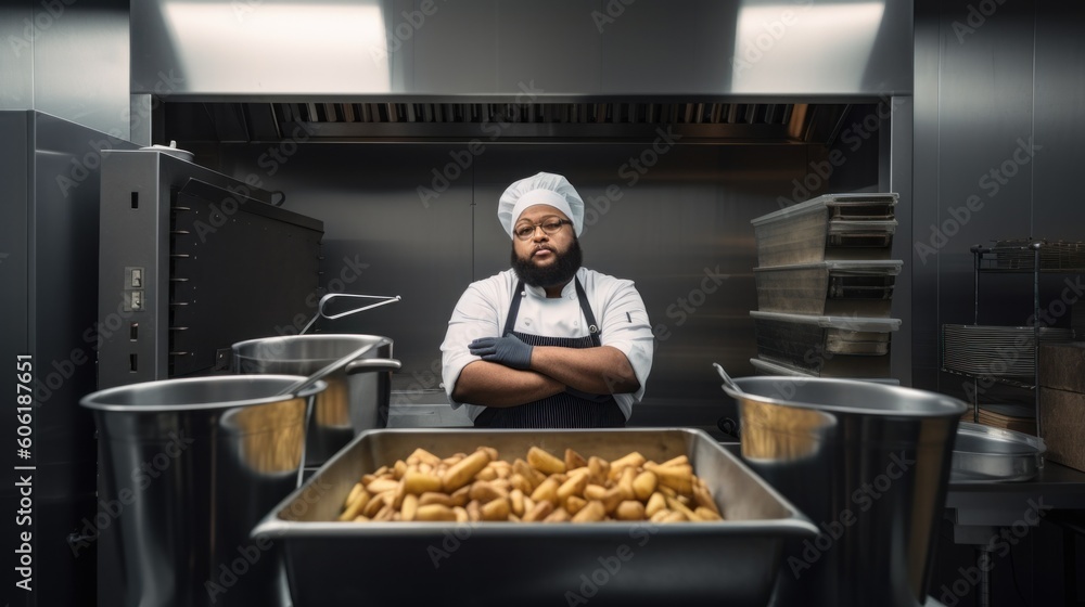 Canvas Prints A man standing in a kitchen next to a pan of food. AI generative image.