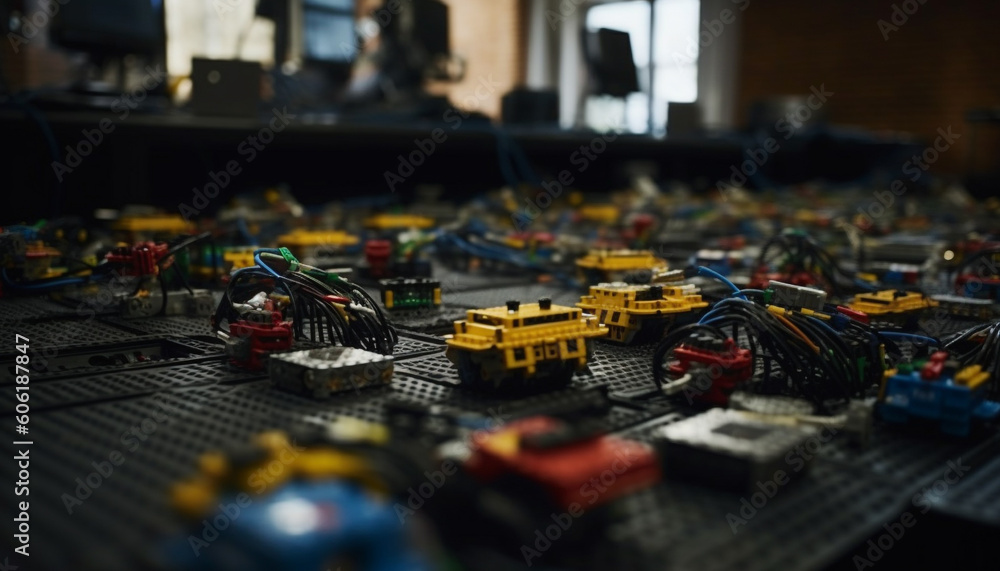 Poster futuristic machinery working on computer chip production line generated by ai