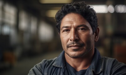 Hispanic male factory worker with arms crossed, industrial construction industry, generative AI