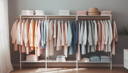 Fashionable clothing collection hanging in clean closet generated by AI